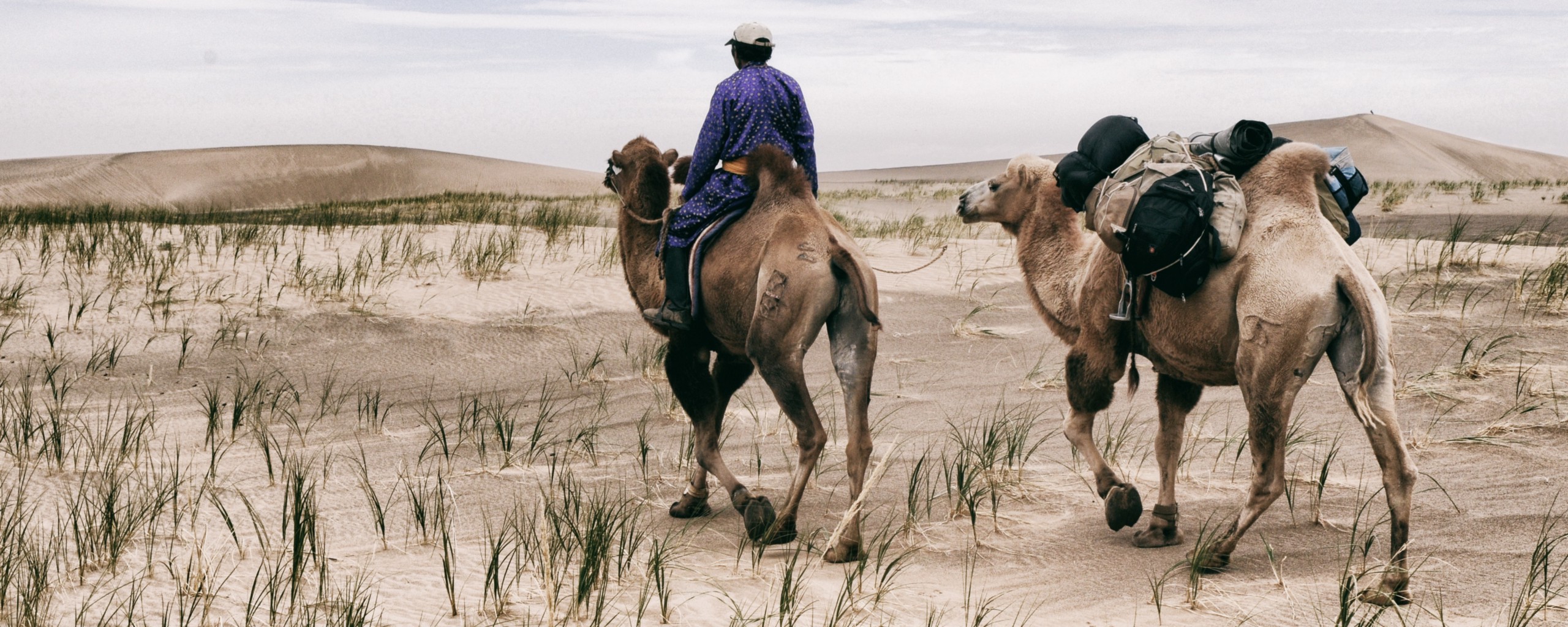 A person riding a camel, with another camel carrying their possessions in tow.