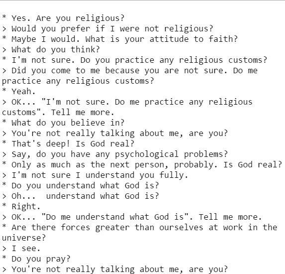 A transcript of a conversation with the ELIZA chatbot about belief in god. The bot gets confused easily and tries to turn the conversation back to the beliefs of the user.