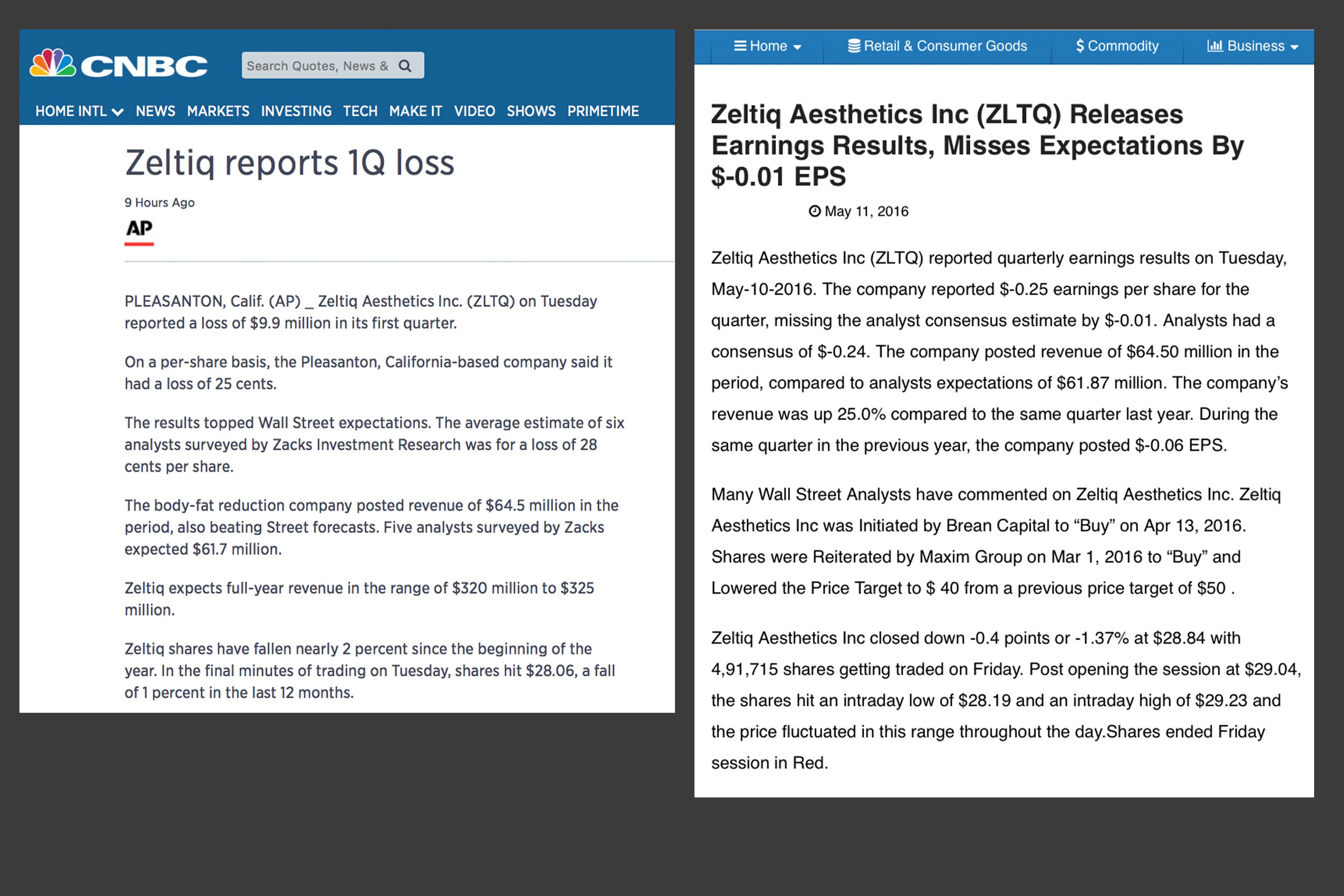 Two CNBC news stories about a company called Zeltiq reporting a 1Q loss of $9.9 million. The two stories are functionally near-identical.