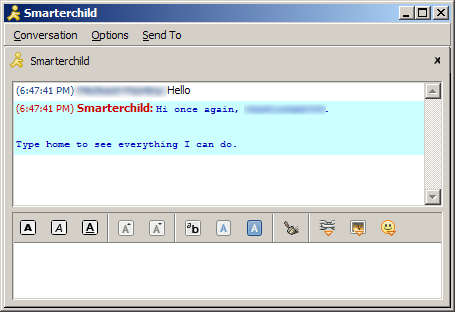 An AOL Messenger chat window. In the window, the Smarterchild user has typed: "Hi once again. Type home to see everything I can do."