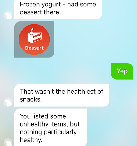 A chat screen inside the Lark app. It chides the user for eating frozen yoghurt for dessert–"That wasn't the healthiest of snacks."