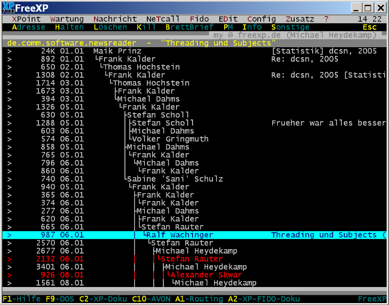 A computer program window of a Usenet client, showing a number a usernames within groups.