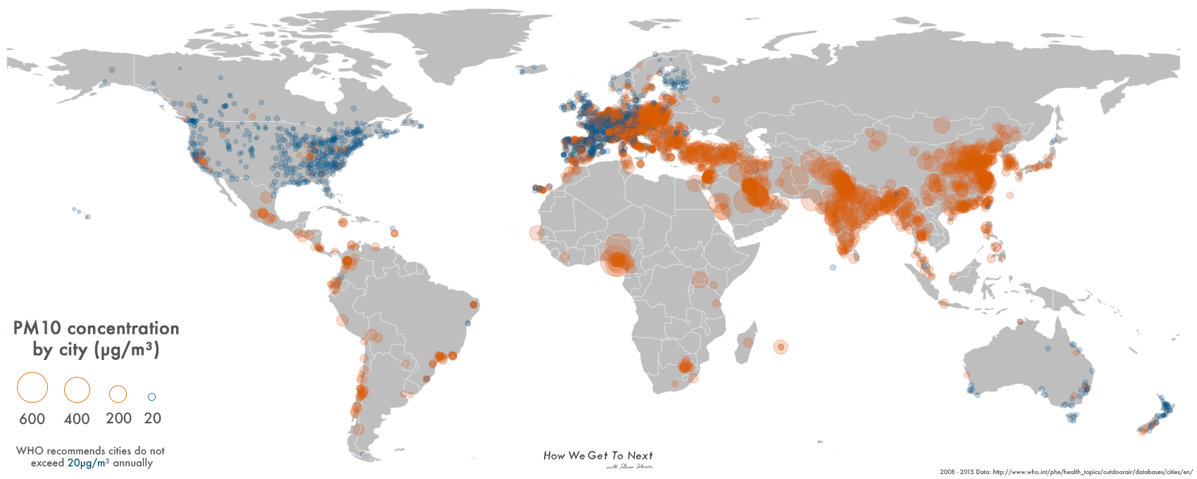 A map of MP10 concentration levels in 3000 major cities around the world. In most of them, it's too high.