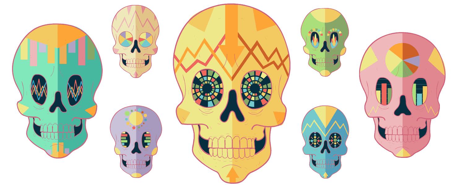 Animated skulls with graphs for eyes.