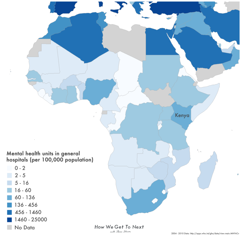 A map of African nations, shaded by mental health units in general hospitals per 100,000 population. Other than Egypt, Algeria, South Africa, and a couple of other states, mostly it's below 5.