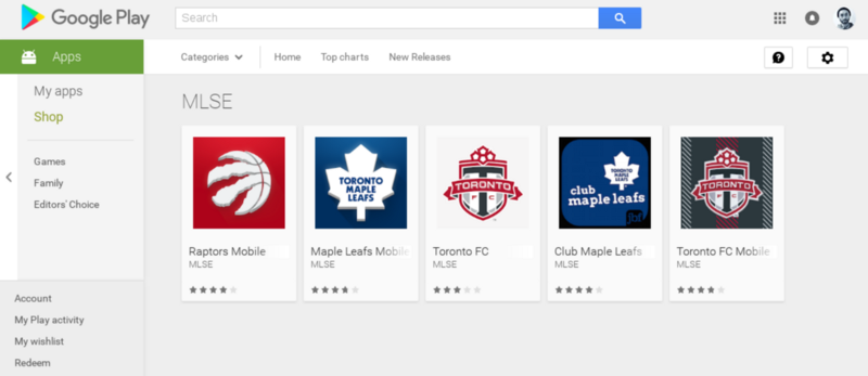 A screenshot of the Google Play app store, showing results for the official apps of Toronto sports teams.