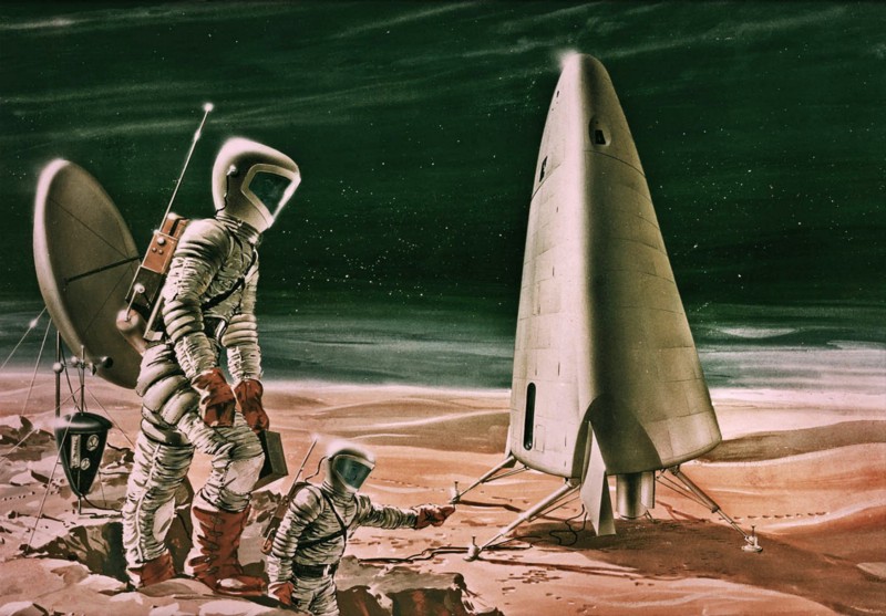 Two astronauts in primitive spacesuits climb around the barren surface of Mars, next to their triangular rocket.