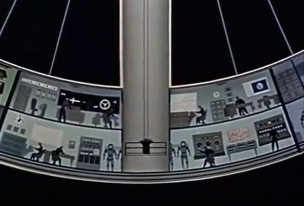 A cutaway animation of the inside of a space station, showing different rooms with people undertaking different tasks as the station rotates to generate gravity.