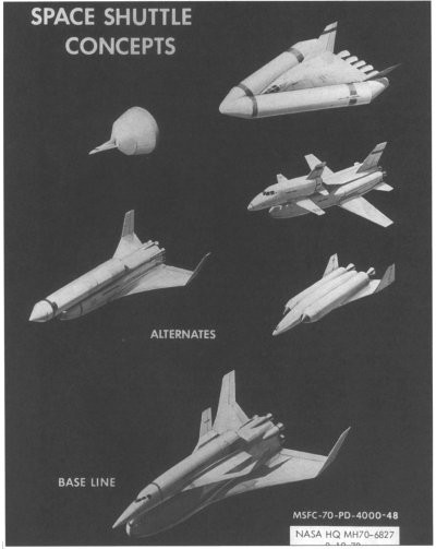 A range of early space shuttle concepts, ranging in shape from pure triangles to what look like airplanes.