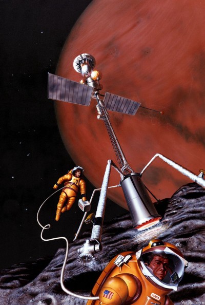 Two astronauts in red spacesuits walking around next to a surface antennae on the surface of one of Mars' moons.