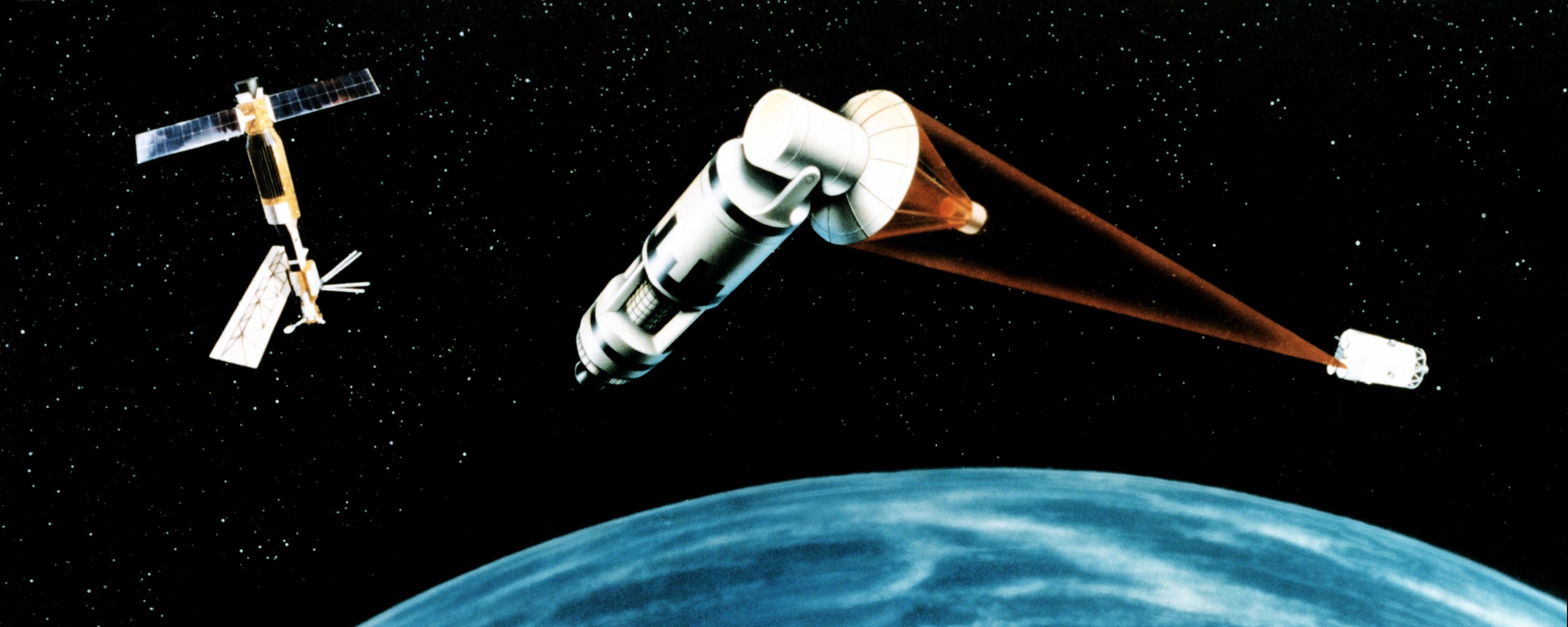 Lasers firing at space debris from a satellite.