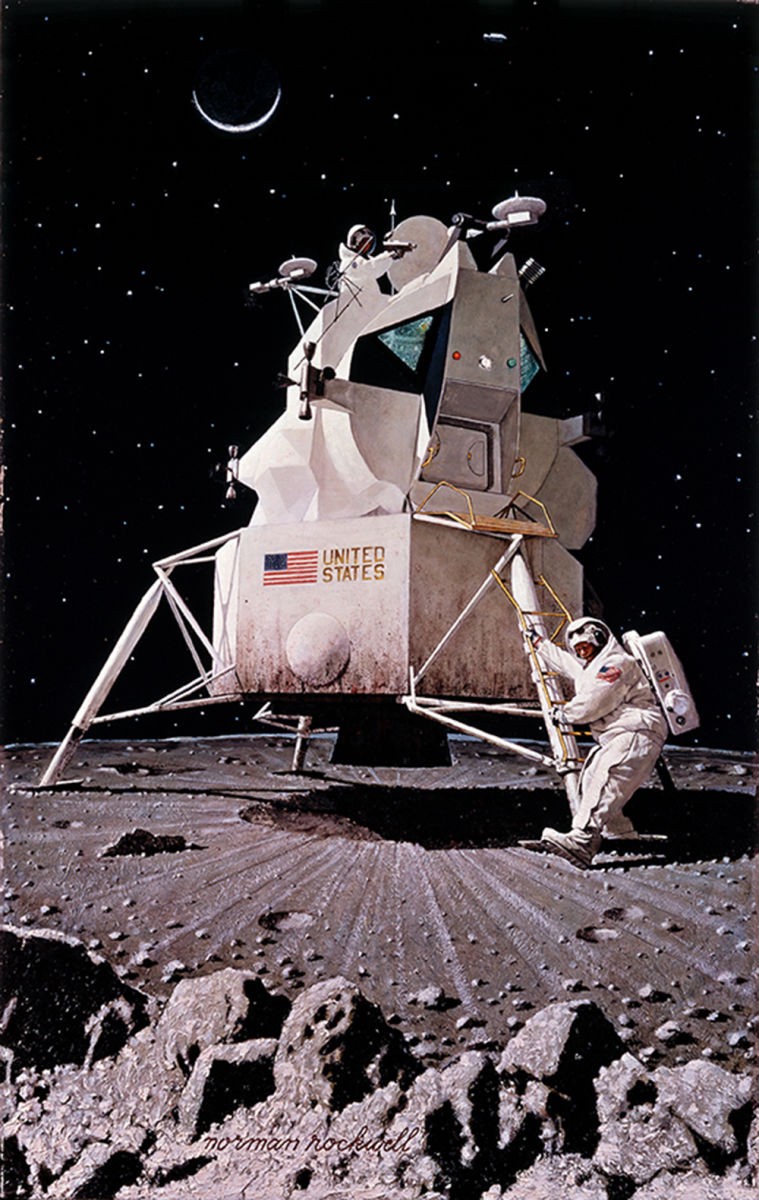 A NASA astronaut sets foot on the surface of the Moon, after climbing down from an Apollo landing module.