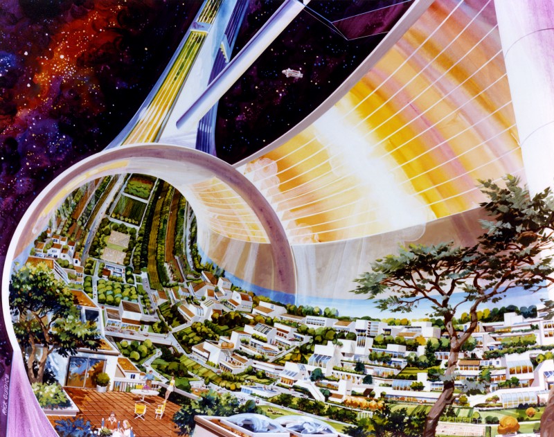 A huge tube-shaped space station is drawn in a cutaway style, showing suburban homes and gardens contained within. A couple stands on their patio in the foreground, admiring the view.
