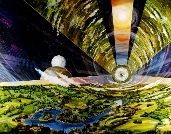Rolling hills and blue lakes occupy the interior surfaces of a large tube structure, which can seen to be in space through exterior glass panels.