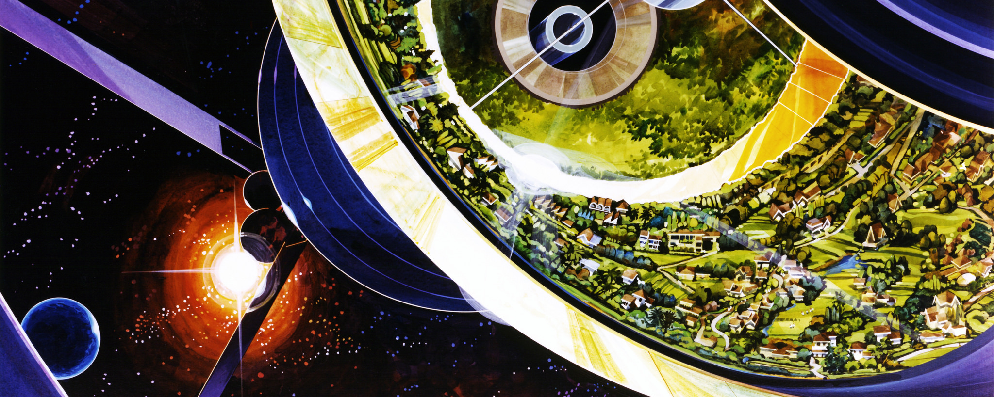 A cutaway illustration of homes, gardens, fields, forests, and rivers inside a huge rotating tubular space station that is sailing through the heavens.