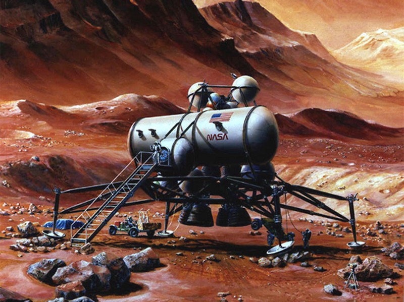 A large four-legged landing craft looms over a rover and a crew of astronauts on the surface of Mars. It is several storys tall.