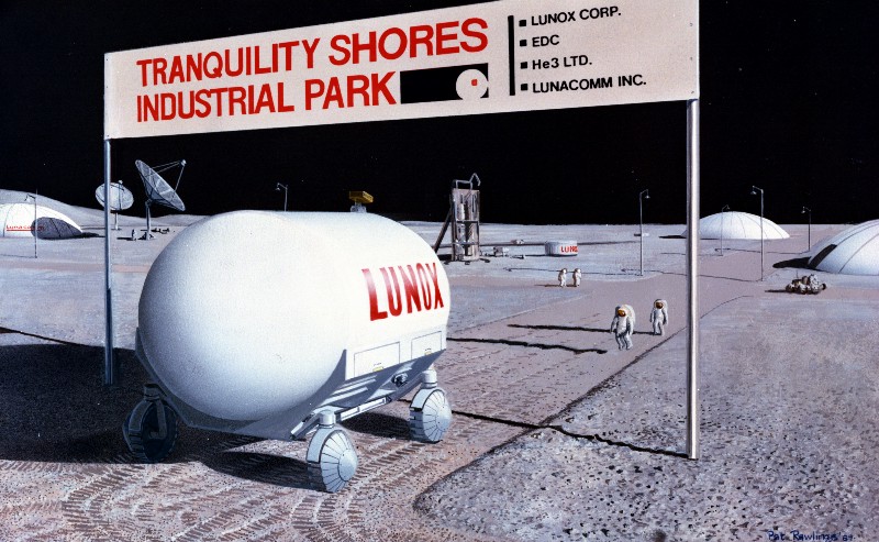 A large blimp-shaped "Lunox" rover on four wheels drives beneath a "Tranquility Shores Industrial Park" sign, at the entrance to a lunar base manned by astronauts in spacesuits.