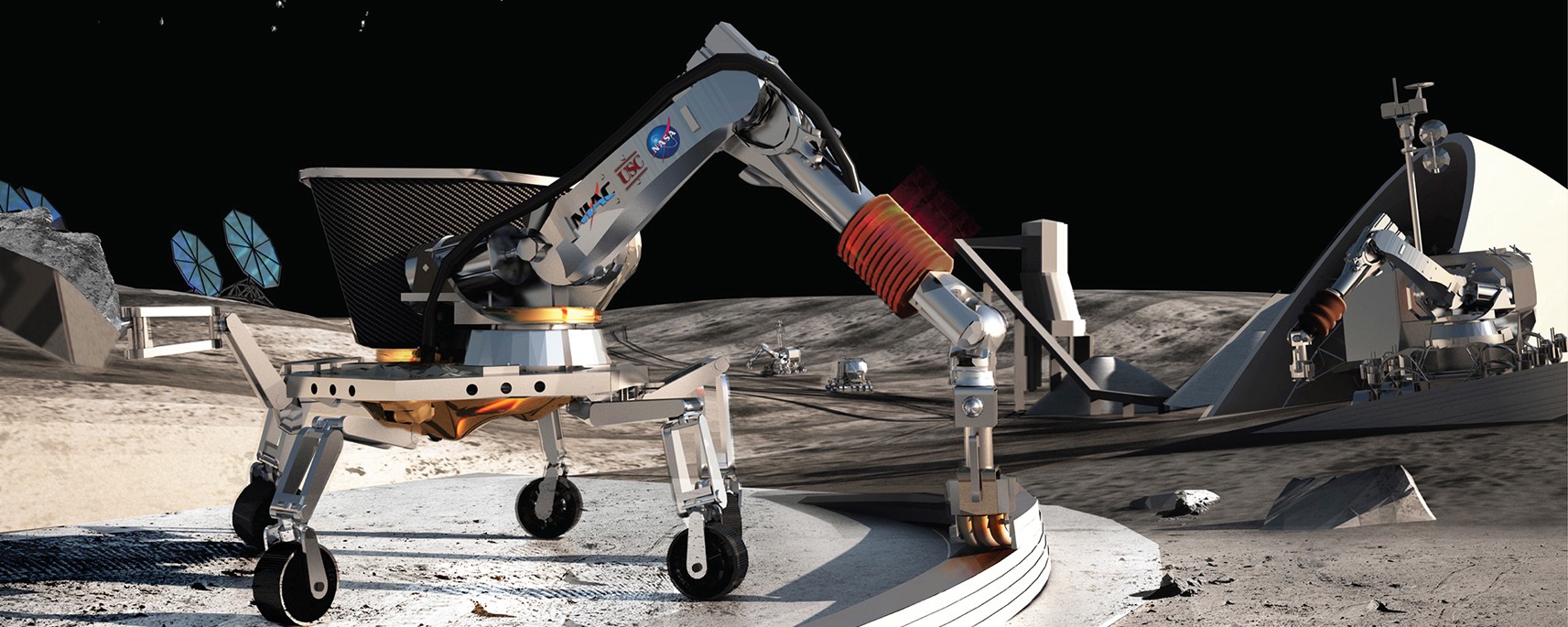 A CGI visualization of construction robots on the Moon.