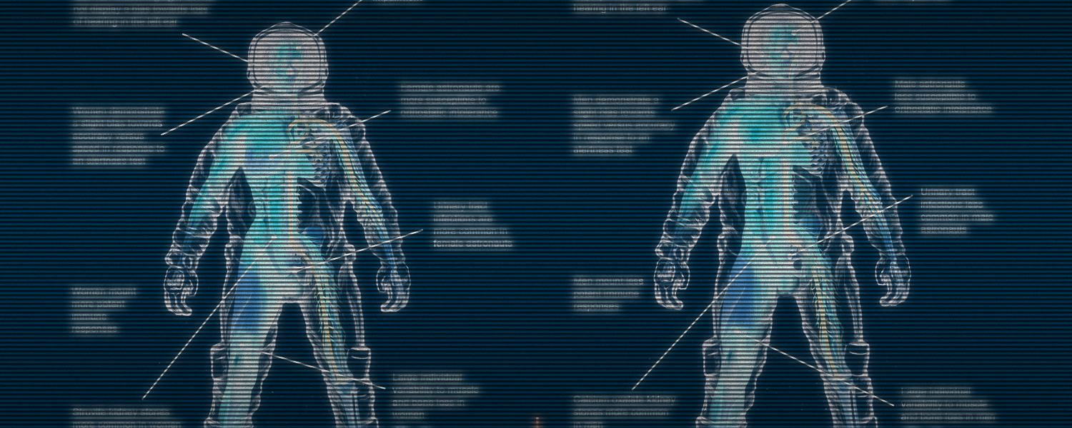 A stylized diagram of the human body inside a spacesuit.