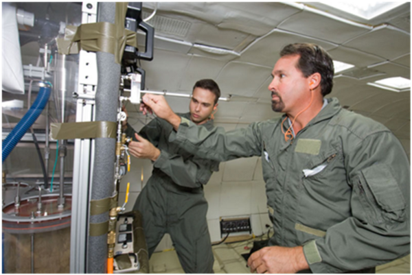 Two men operate machinery inside a plane.