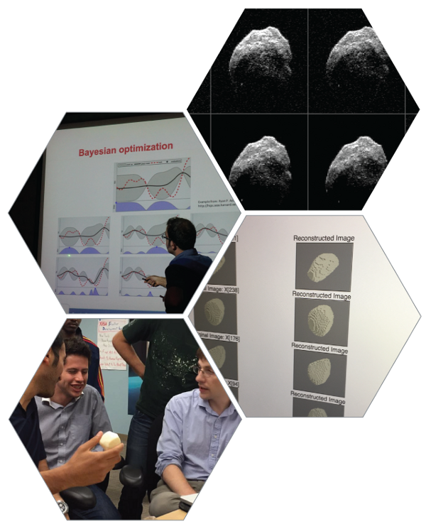 A series of images of asteroids, scientists looking at pictures of asteroids, and scientists talking about asteroids.