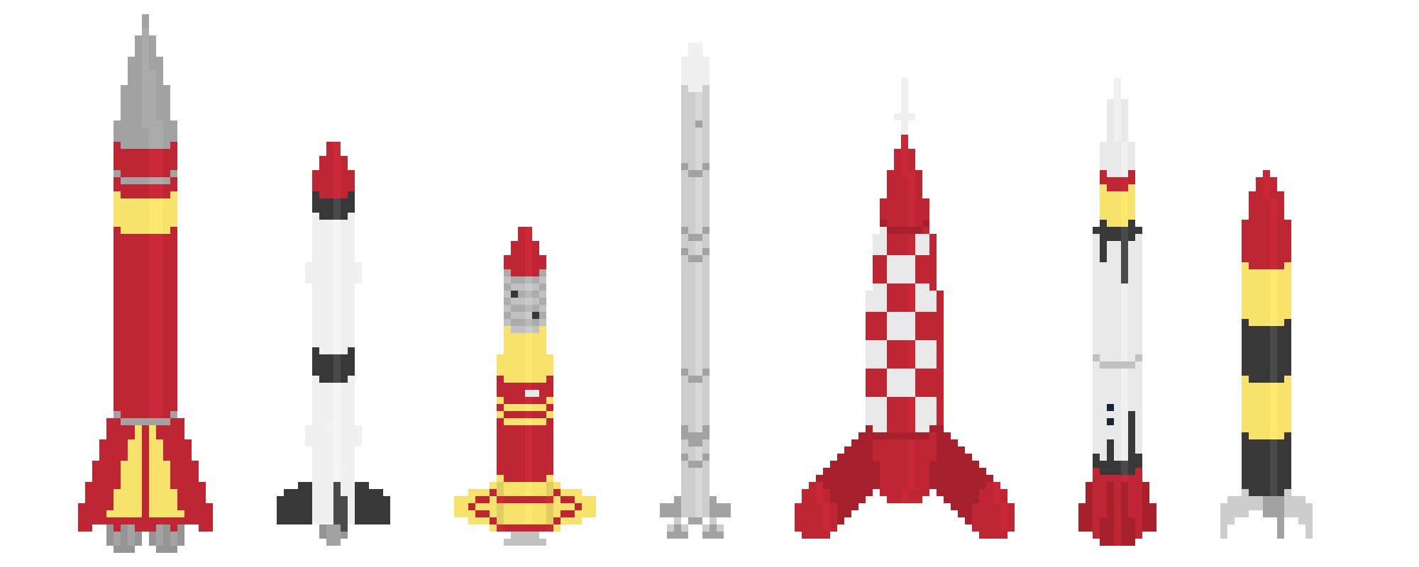 A cartoon-like illustration of different space rockets, standing in a line.