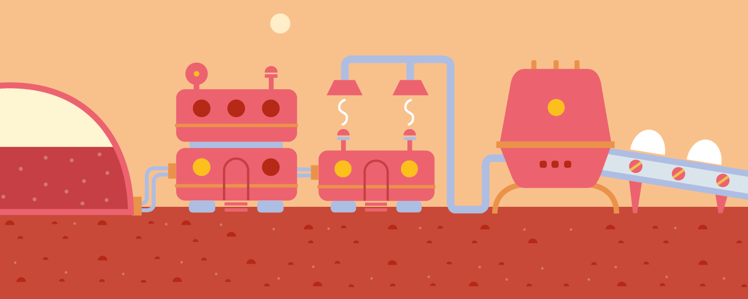 An illustration of a Mars based, laid out in 2D as a series of interconnected machines for processing and generating resources and waste.
