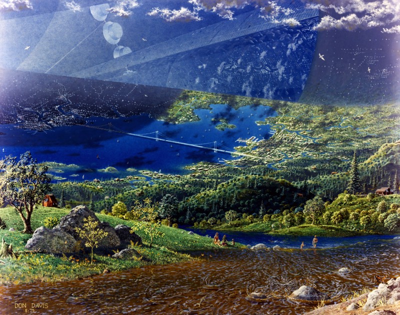 A scene of woodland and lakes and a city that looks like it could be on Earth, except the distant horizon bends upwards instead of downwards, indicating that this is inside a larger structure.