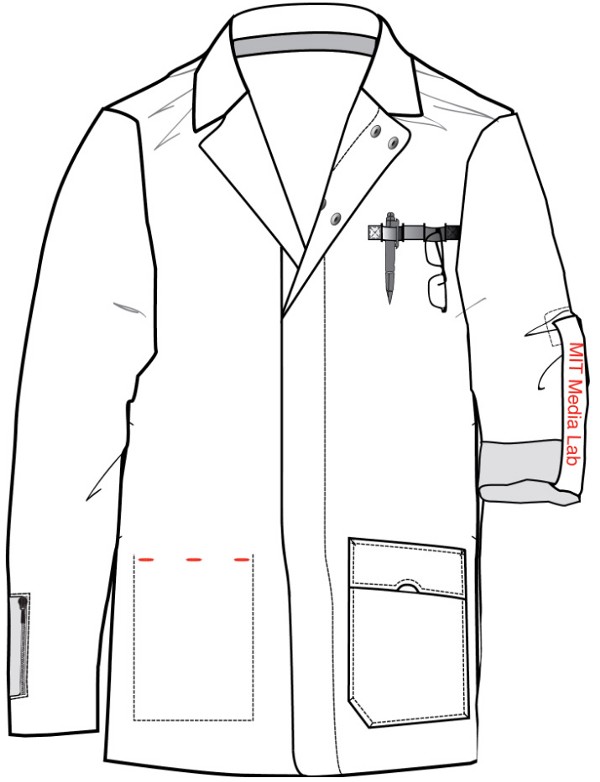 A white lab coat with shortened arms and pockets and holders for specific equipment.
