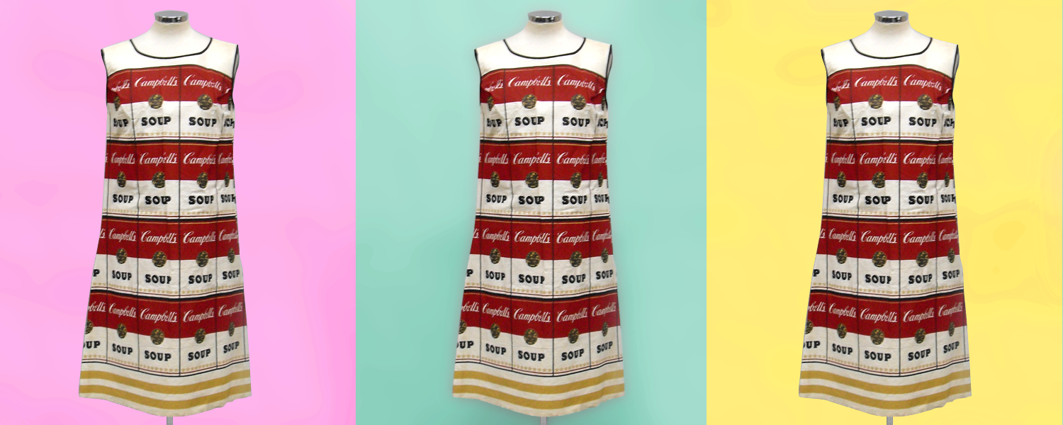 A dress made up of tiled pictures of Andy Warhol's soup can paintings.
