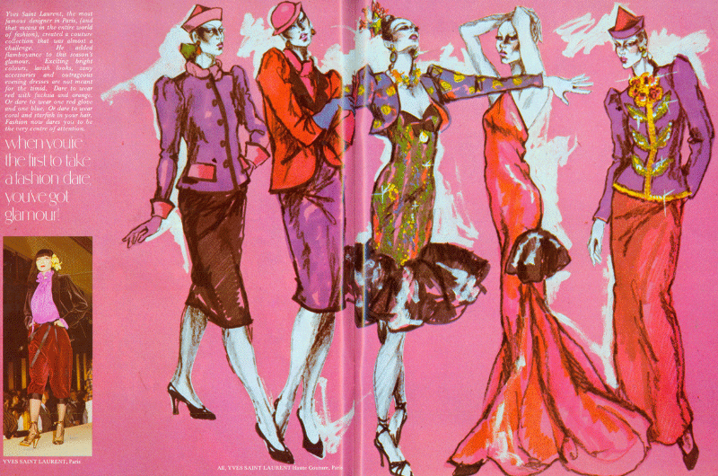 A line of women in a range of haute couture outfits.