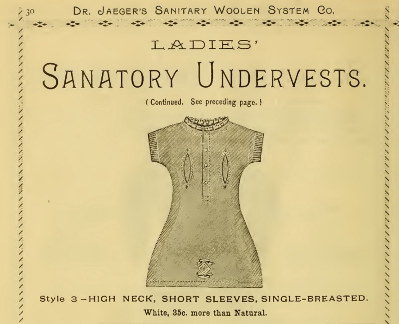 A full-page illustration of a "ladies' sanatory undervest," a high-neck, short-sleeve, single-breasted undershirt.