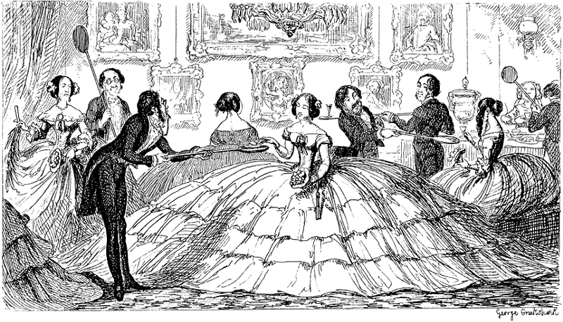 An illustration of a party with many women wearing enormously wide crinoline dresses–so wide that the waiters at the party have to serve the women using plates at the end of long sticks.
