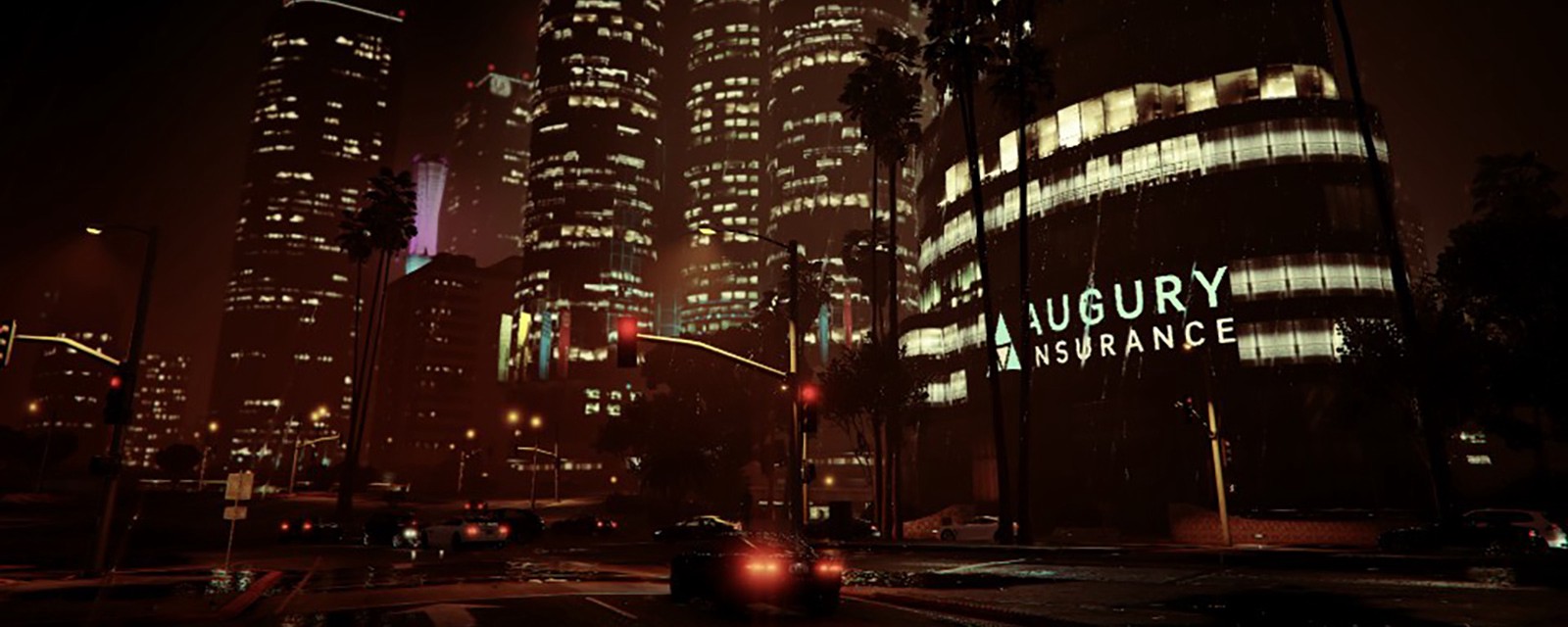 An in-game nighttime city scene of office buildings and street lights.