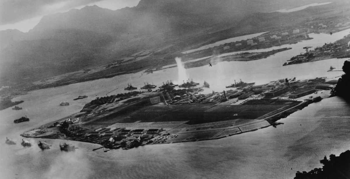 An aerial view of the bombing of Pearl Harbor.