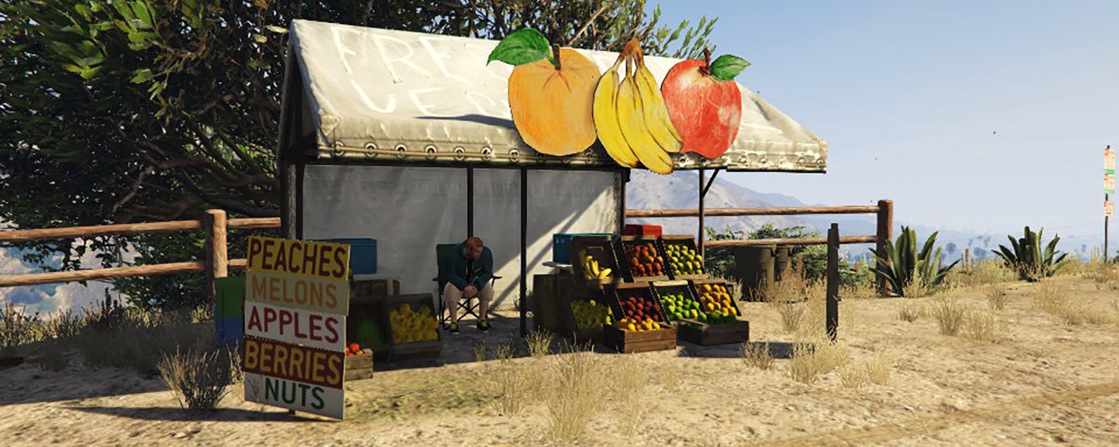 An in-game scene of a roadside market stall selling fruit.