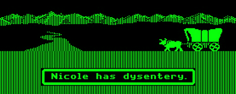 A wagon is pulled by an ox. The caption warns that "Nicole has dysentery."