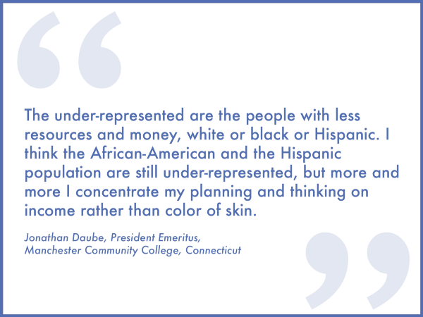 "The under-represented are the people with less resources and money, white or black or Hispanic. I think the African-American and the Hispanic population are still under-represented, but more and more I concentrate my planning and thinking on income rather than color of skin."
Jonathan Daube, President Emeritus, Manchester Community College, Connecticut.