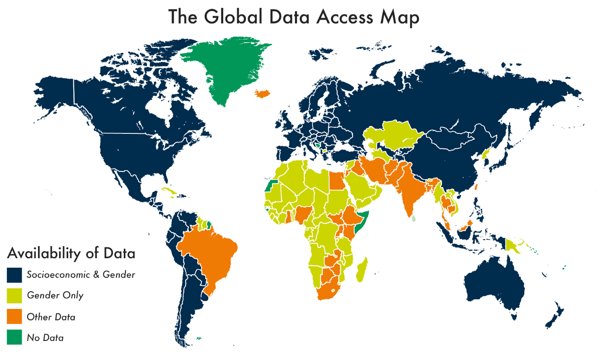 A map of data access on higher education by country. In the Middle East, South Asia, and Africa data is overwhelmingly either only available by gender, or some other data, compared to both gender and socioeconomic data in the rest of the world.