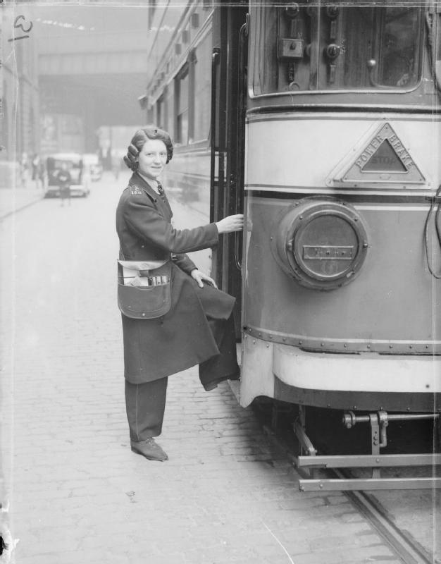 A female tram conductor in England during World War II
