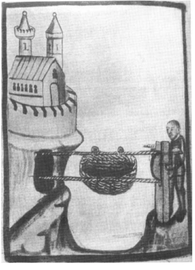 A drawing of a person wheeling a basket across a gorge to a castle using a pulley and rope system.