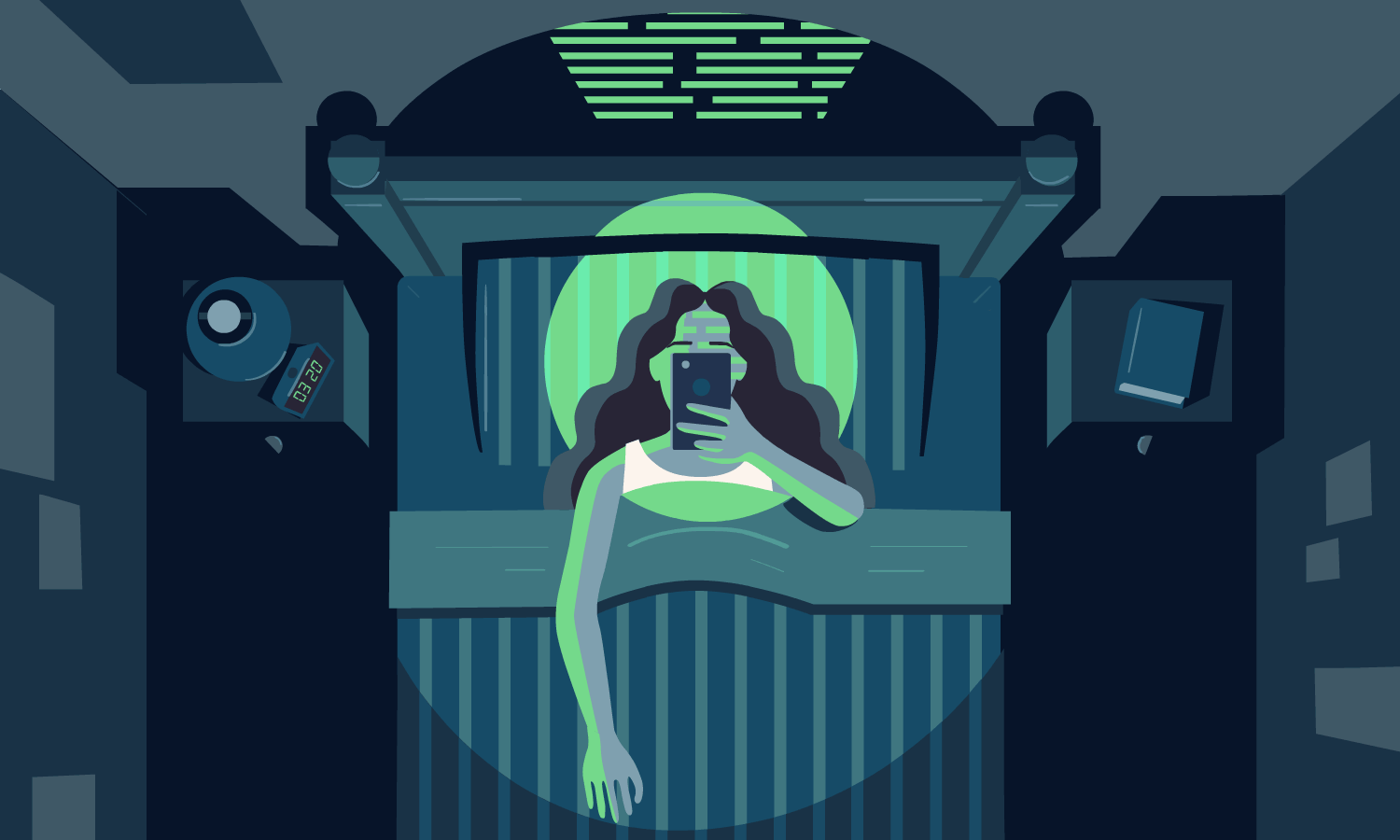 A person lying in a bed scrolling through their smartphone