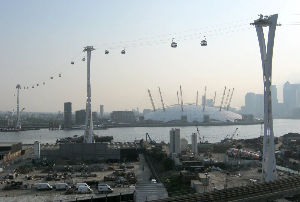 London's Emirates "Airway," with gondolas suspended on a cable system high above the River Thames in the post-industrial Docklands area.