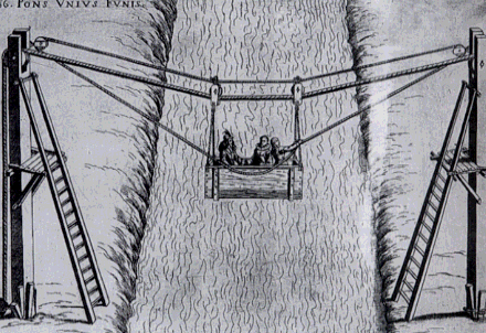 Figures sit in a wooden box, pulling themselves across a river using a rop and pulley system.