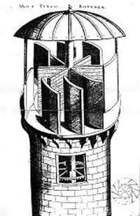 A stone tower is drawn in cutaway style, to reveal a series of wind paddles connected to a central rotating pillar.