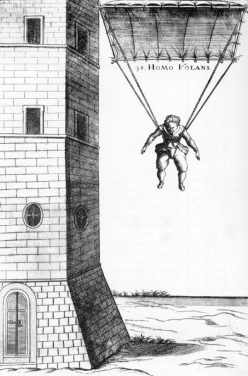 A figure wears a primitive parachute as it falls from a stone tower.