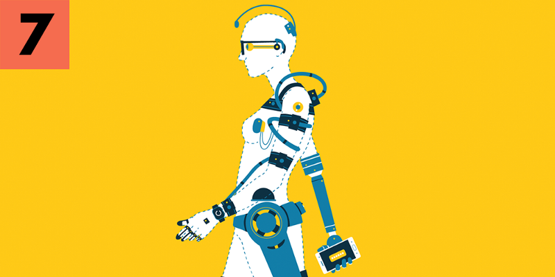 7 - a person walking along, wearing a number of augmented technologies over their body.