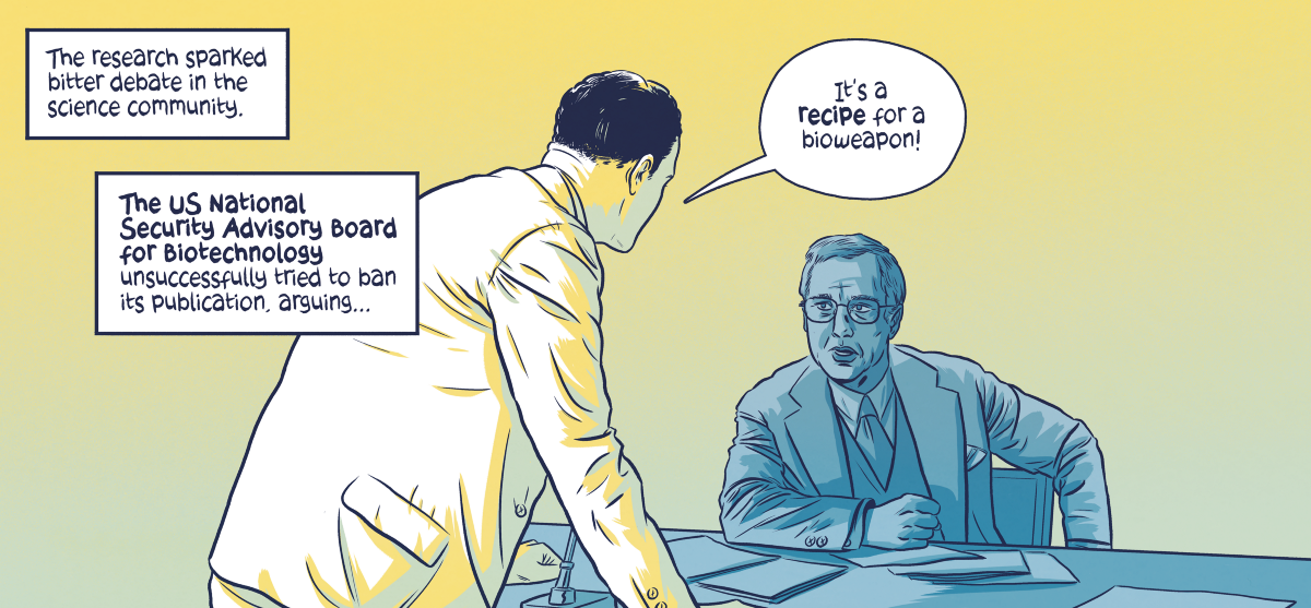 Two figures arguing. Text in first box: "The research sparked bitter debate in the science community." Text in speech bubble: "It's a recipe for a bioweapon!" Text in second box: "The US National Security Advisory Board for Biotechnology unsuccessfully tried to ban its publication, arguing..."