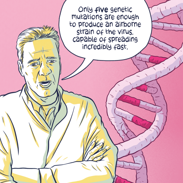 Fouchier in front of a double helix. Text in speech bubble: "Only five genetic mutations are enough to produce an airborne strain of the virus, capable of spreading incredibly fast."
