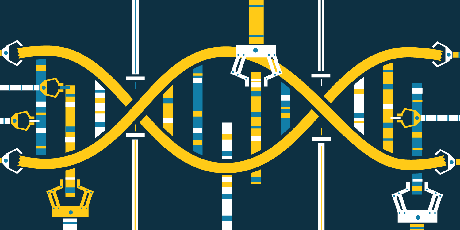 A DNA helix, with individual strands being mechanically altered and rearranged.